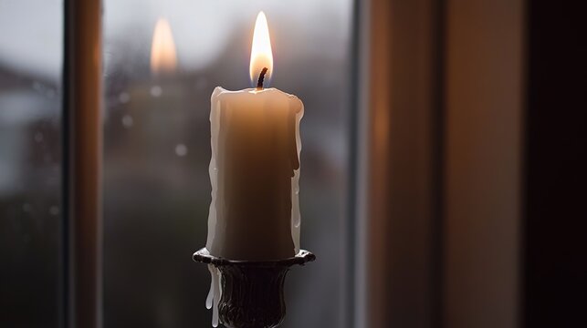 solidified. A single extinguished white candle with wax drippings on a tarnished holder. symbolizing life milestones and joyful moments.
