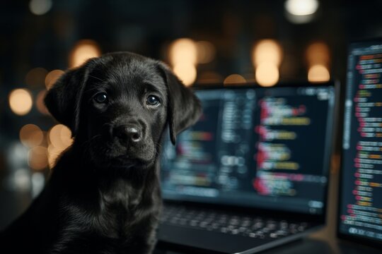 Puppy in the dark: human-like focus on laptop. Interface intelli
