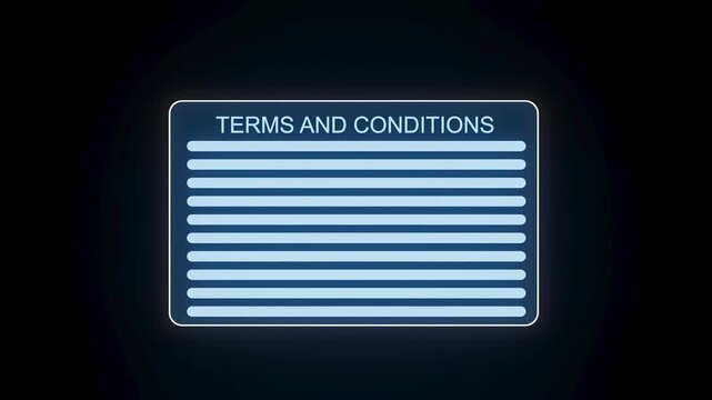 Terms and conditions displayed on a screen with a simple design in a digital environment at night.