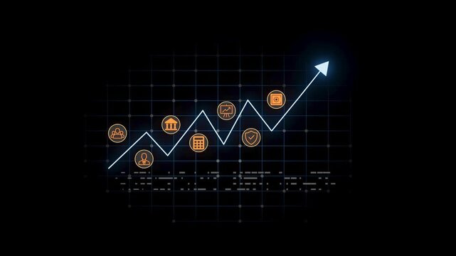 Business growth chart with various icons showing important factors in financial success.