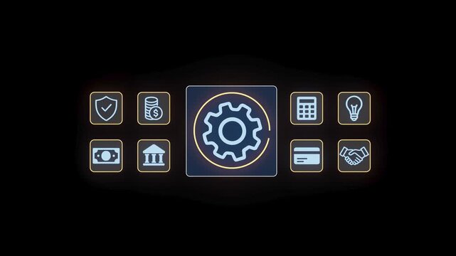 Icons represent functions for digital tools used in financial management and business operations in a dark setting.