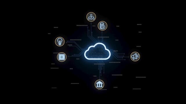 Cloud technology connects various data points in a digital network showcasing important icons and symbols.