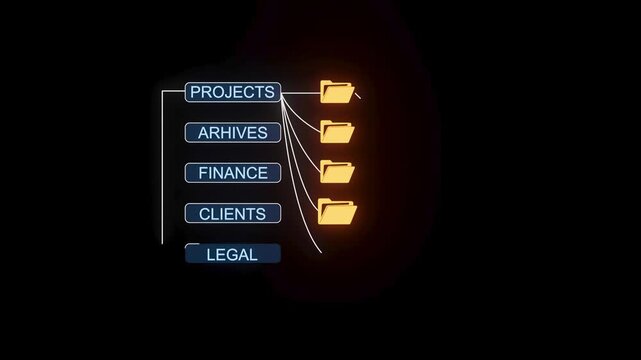 Data organization showing categories of projects, archives, finance, clients, and legal tasks with checklist items on a black background.