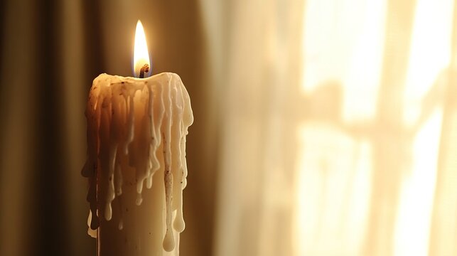 solidified. A single extinguished white candle with wax drippings on a tarnished holder. symbolizing life milestones and joyful moments.