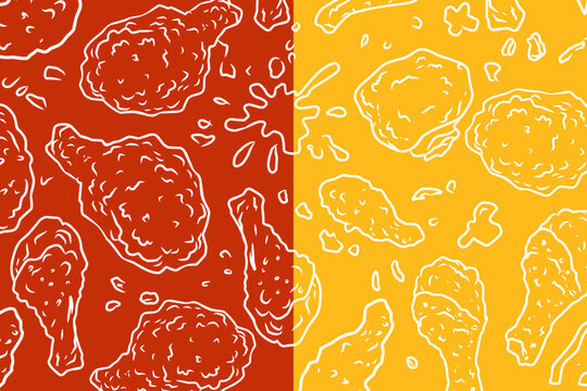 Fried Chicken with Sauce Seamless Pattern Background. Fast Food Doodle Illustration. Hand Drawn Fried Chicken and Sauce Pattern