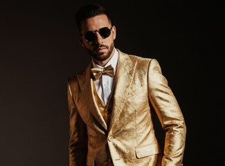 Fototapeta premium Man wears shiny gold suit with sunglasses and bow tie. He poses indoors with confident expression. Stylish menswear for formal events and fashion photoshoots. Luxurious attire.