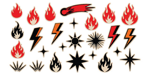 Set of colorful fire flame lightning bolt and star icons for graphic design and sticker collection ©  Designer