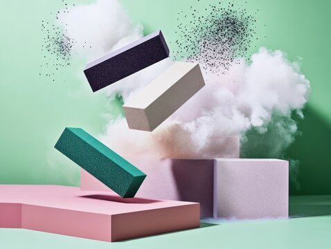 Blocks falling into a box amidst clouds and colorful setup