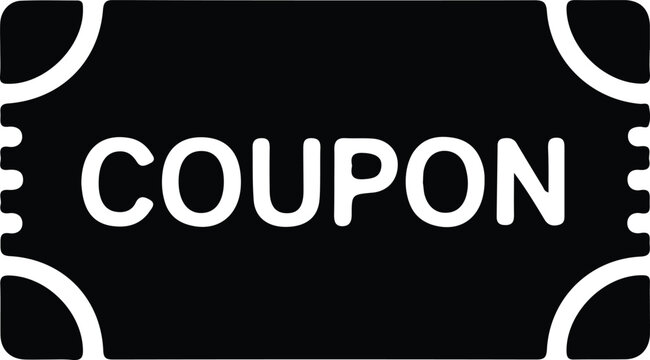 Black silhouette coupon ticket icon featuring bold text minimalistic retail illustration representing discount voucher promotion commerce and savings
