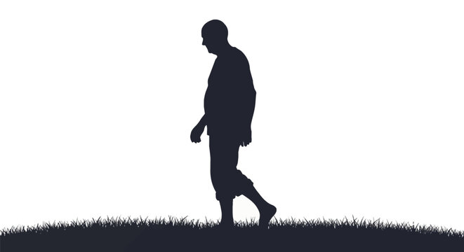 Black silhouette of an elderly senior man walking across a grassy field isolated on a white background, side profile view of an aged male figure strolling through grass outdoors.