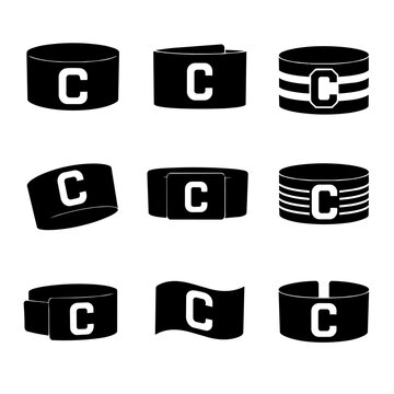 Set of nine black and white illustrations of belts with a large white letter C on each one