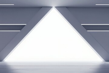 Fototapeta premium Futuristic interior with geometric shapes, bright triangle opening. Modern architecture features clean lines, white space, integrated LED strip lights. Minimalist design evokes sci-fi spaceship