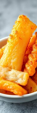Crispy youtiao in white bowl, golden brown and airy, sliced for enjoyment,  top down,  food photography