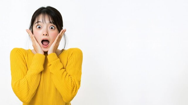 Shocked reaction Japanese woman with copy space, horizontal video