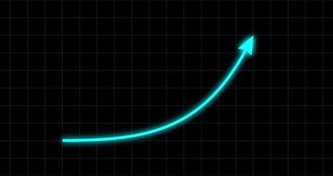 Chart arrow bow shape goes up blue glow on dark grid. Graph rising fast. Business cartoon animation. Economy metaphor. Speed up graph from low to high acceleration on black background.