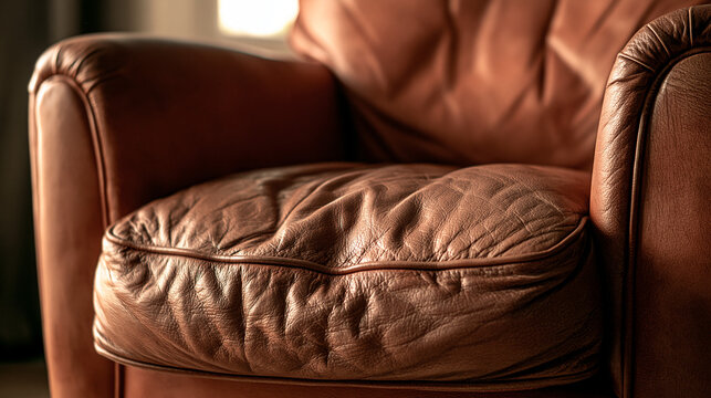 indented. Aged brown leather armchair with a deep seat indentation, soft window light. lifestyle magazines, social media lookbooks, designed for influencer and brand collaborations.