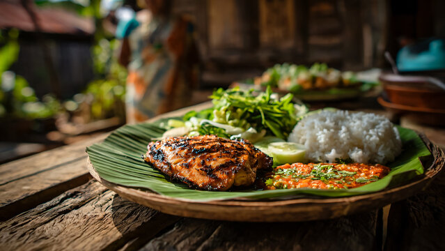Plat  avec viande de poulet grill&eacute;e avec riz, l&eacute;gumes et sauce &eacute;pic&eacute;e servi sur une feuille de bananier
