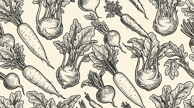 Monochrome carrot root vegetable pattern vector illustration with leafy tops.
