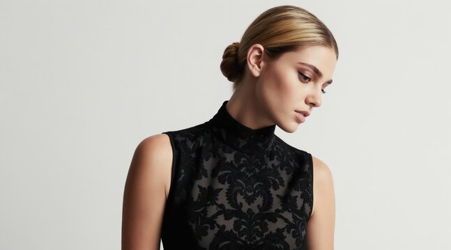 Woman wears elegant black damask sleeveless gown with high neck. Blonde hair styled in bun. Minimalist background focuses on fashion detail. Chic sophisticated style.