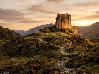 Obraz premium Majestic Eilean Donan Castle bathed in Golden Hour light on a Scottish Highland landscape