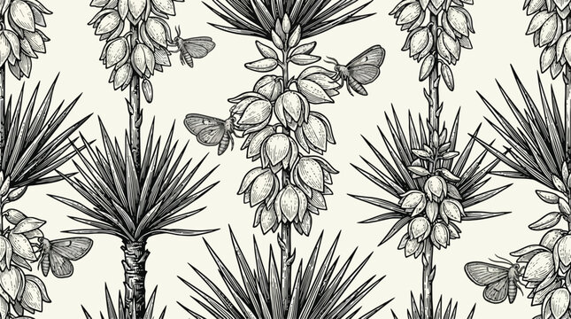 Monochrome tropical botanical seamless pattern with palm and pineapple vector.
