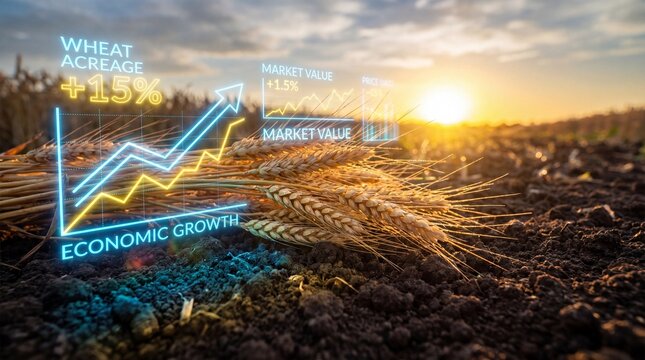A bundle of ripe wheat on soil at sunset with glowing upward financial graph showing business growth