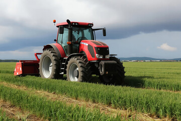 Fototapeta premium Red tractor operates in a green wheat field under a cloudy sky. The agricultural machine prepares land for planting or harvesting. Rural farm work on a sunny day.