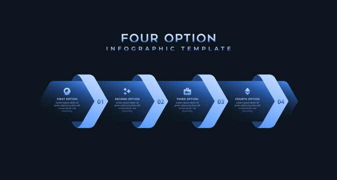 Dark modern infographic template with 4 step process chart, business analytics visualization, presentation graphics, corporate strategy diagram and professional report elements. Minimal style pack pro