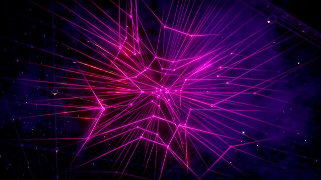 Abstract background displaying a shifting three dimensional web of purple plexus nodes and lines in a cosmic void.