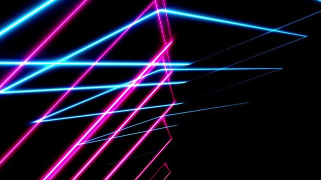 Abstract background consisting of multiple diagonal pink and cyan laser beams cross over each other on black.