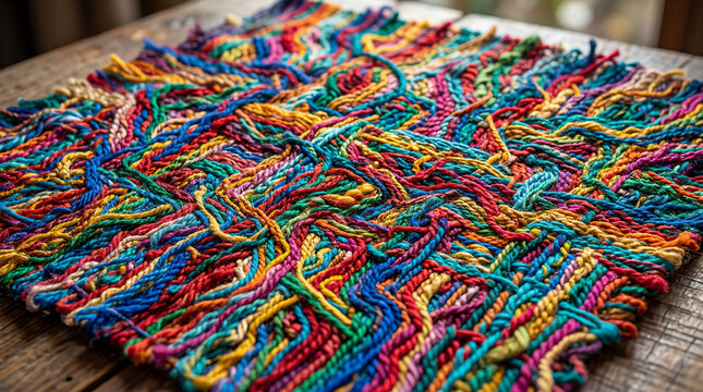 Close up of a vibrant colorful tangled yarn textile mat on a wooden table for creative craft background
