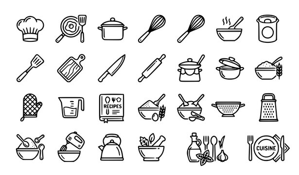 Cooking and kitchen equipment line vector icon set culinary tools and food preparation symbols