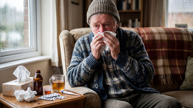 Sick elderly man blowing nose with tissue at home suffering from flu or cold symptoms in winter