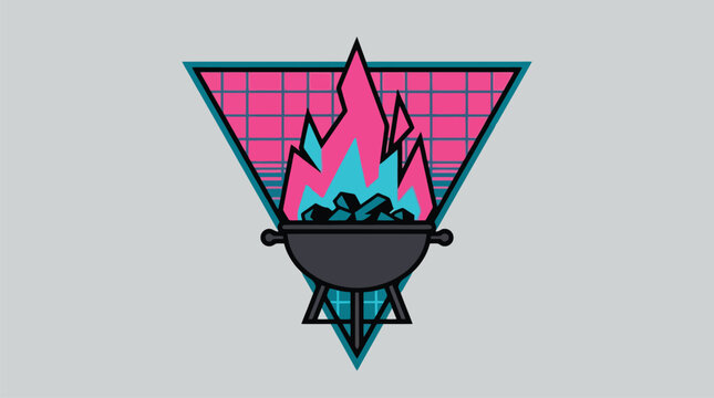 Neon fire emblem vector illustration with triangular geometric logo.
