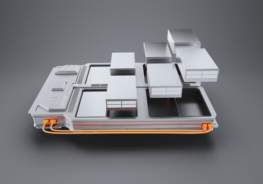 Electric Vehicle All-Solid-State Battery Pack Exploded View 3D Render - Front Low Angle