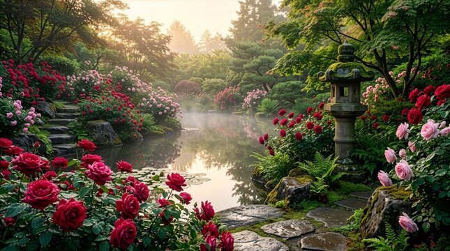 Japanese Bara Rose Garden with Morning Dew by Pond and Stone Lantern at Dawn No People