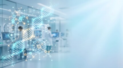 Fototapeta premium Digital visualization of a DNA double helix structure in a research laboratory setting.