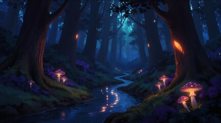 Obraz premium Dark enchanted forest at night with glowing purple mushrooms beside a winding stream reflecting lights. Tall trees create mystical atmosphere with small orange lights in background, evoking fantasy.