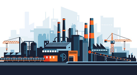 Obraz premium Industrial Factory with Smokestacks and Cranes.