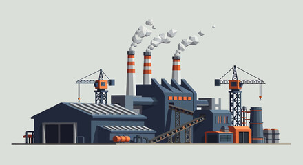 Fototapeta premium Industrial factory with smokestacks and cranes.