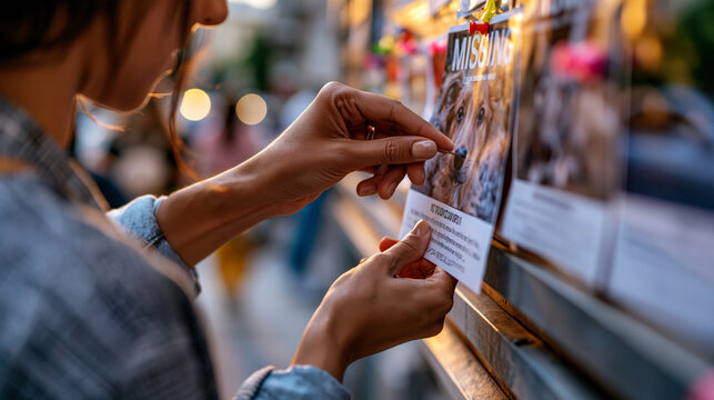 Hands pinning a missing pet poster to a public notice board with a blurred street background for community help