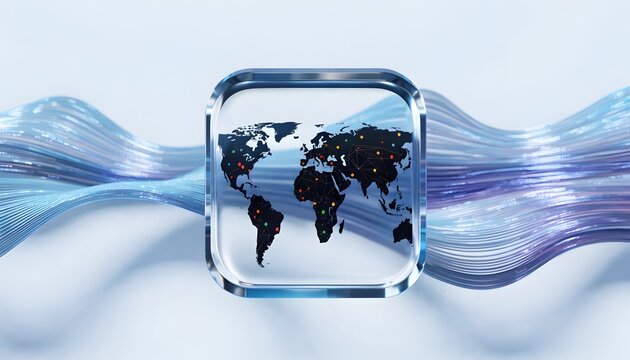 Stylized glass cube with digital world map and binary code on futuristic blue background