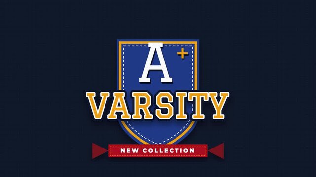 Academic varsity logo animation with blue shield and golden text