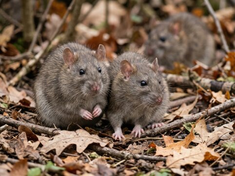 Brown Wild Rats Hiding in Autumn Leaves Carriers of Hantavirus and Other Rodent Borne Diseases in Forest Habitat