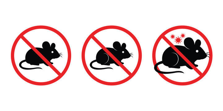 No Mouse Sign Set &ndash; Hantavirus Warning Symbol with Rat Silhouette in Red Prohibition Circle.
