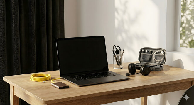 Modern Home Office Workspace with Laptop and Desk Accessories