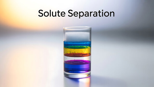 A glass container with layers of different colored liquids  blue  purple  red  green  yellow  demonstrating a scientific concept