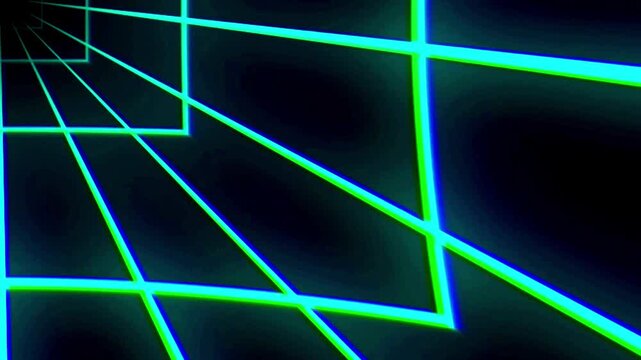 Retro background consisting of a cyan wireframe grid tunnel with chromatic aberration traveling endlessly forward.