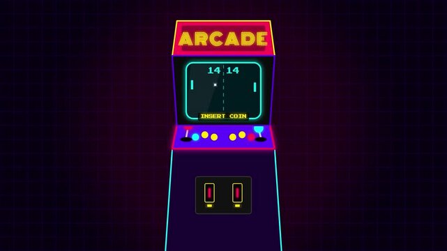 Retro neon arcade machine with classic pixel video game