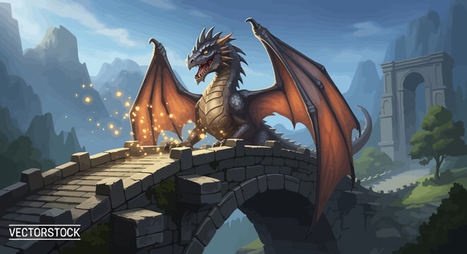 Large dragon standing on stone bridge.